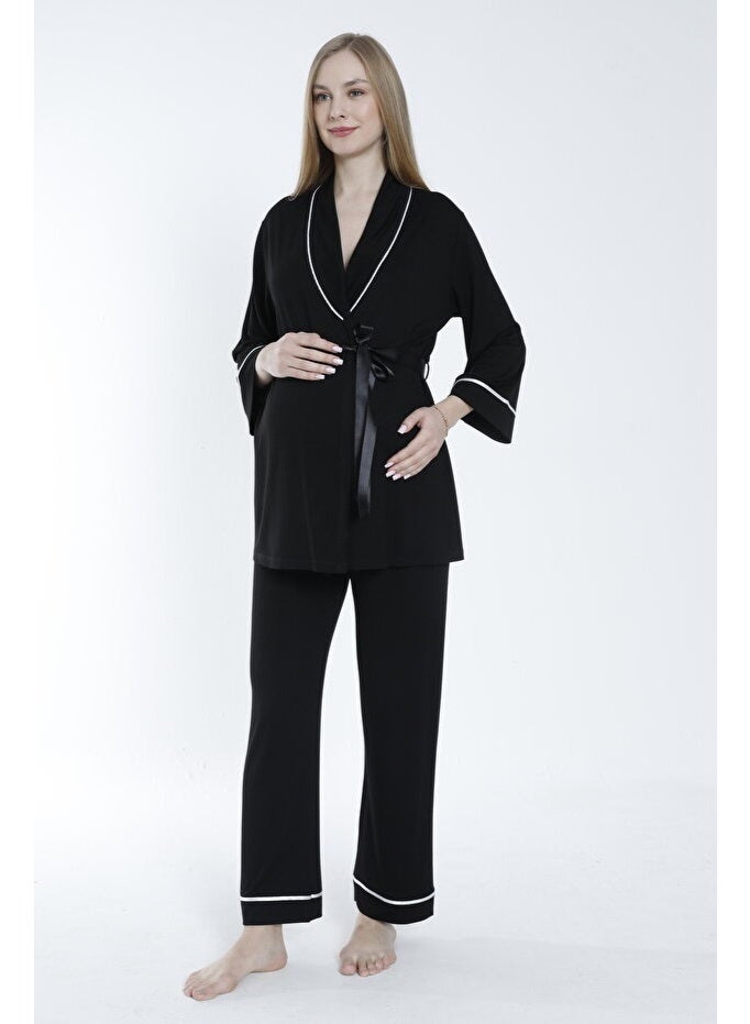 طقم بيجاما حمل ورضاعة برباط أمامي وياقة عريضة - Image 1